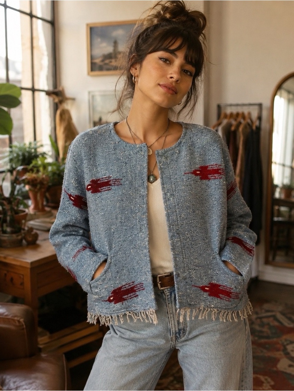 DawnByTheBay Handmade Upcycled Unique Statement Cardigan Shacket Jacket Folk Art